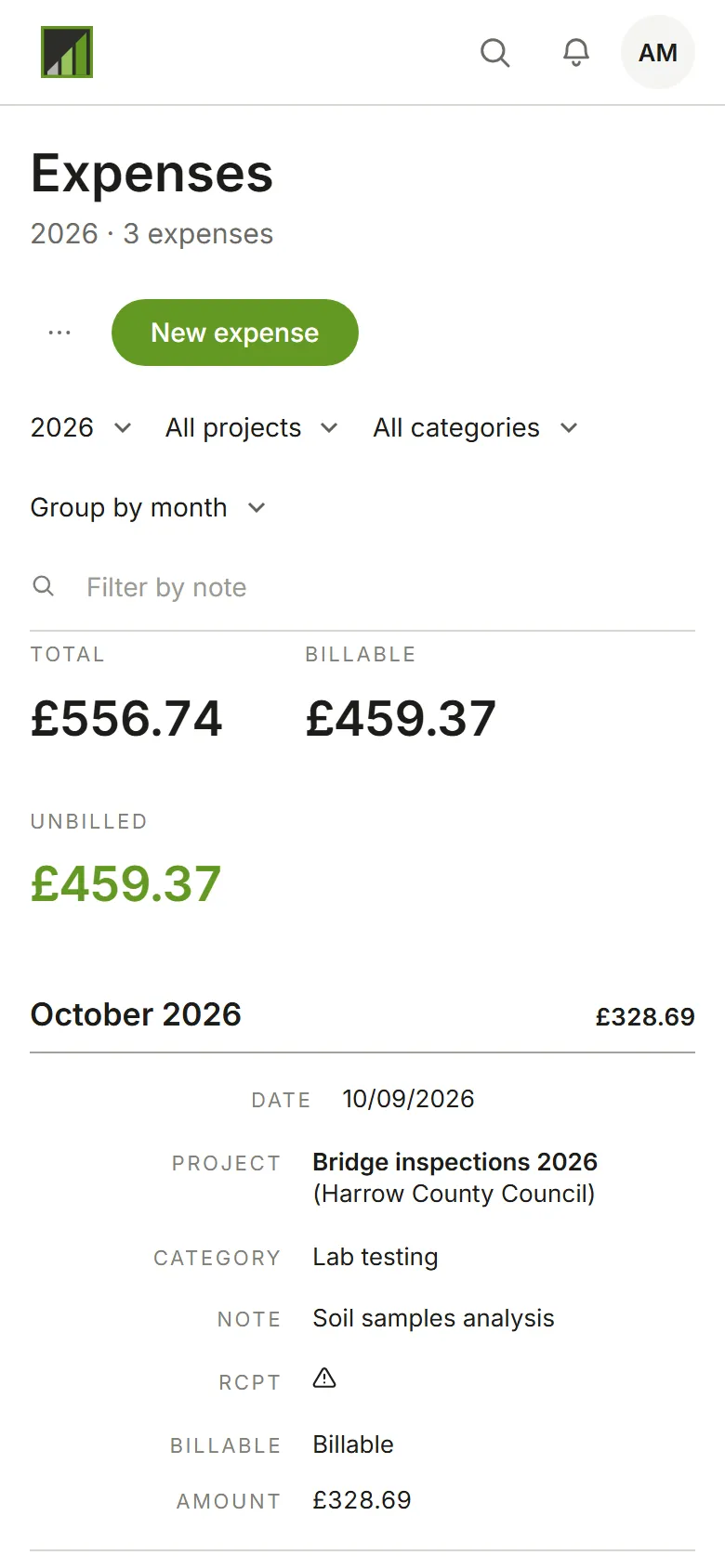 The Expenses page, grouped by month