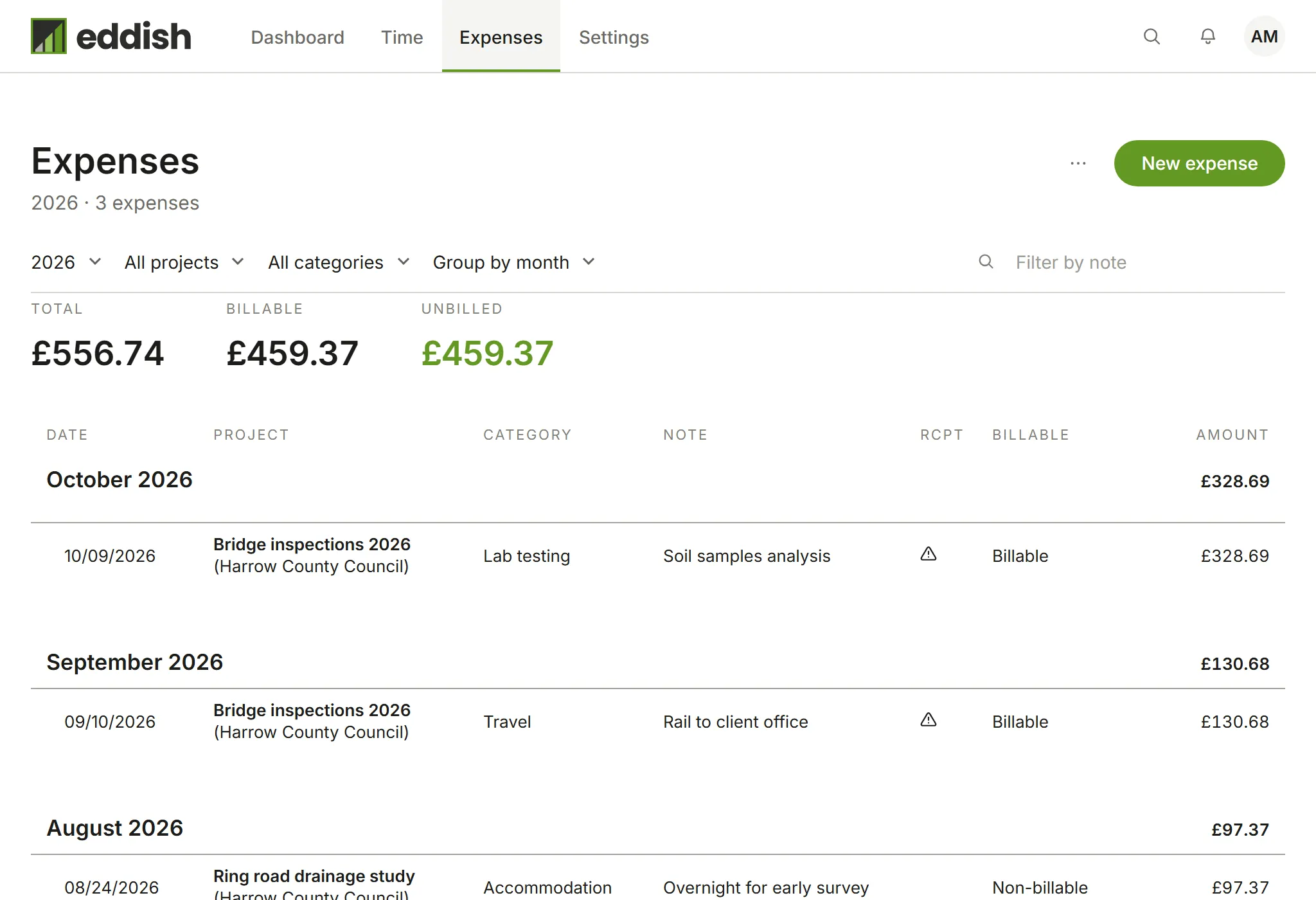 The Expenses page, grouped by month