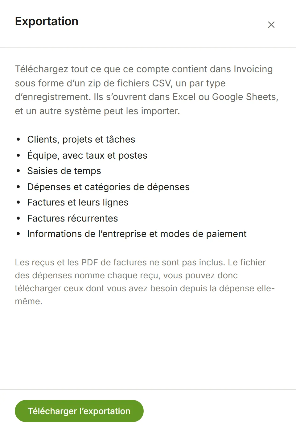 Exportation : ce que contient le téléchargement, et Télécharger l’exportation