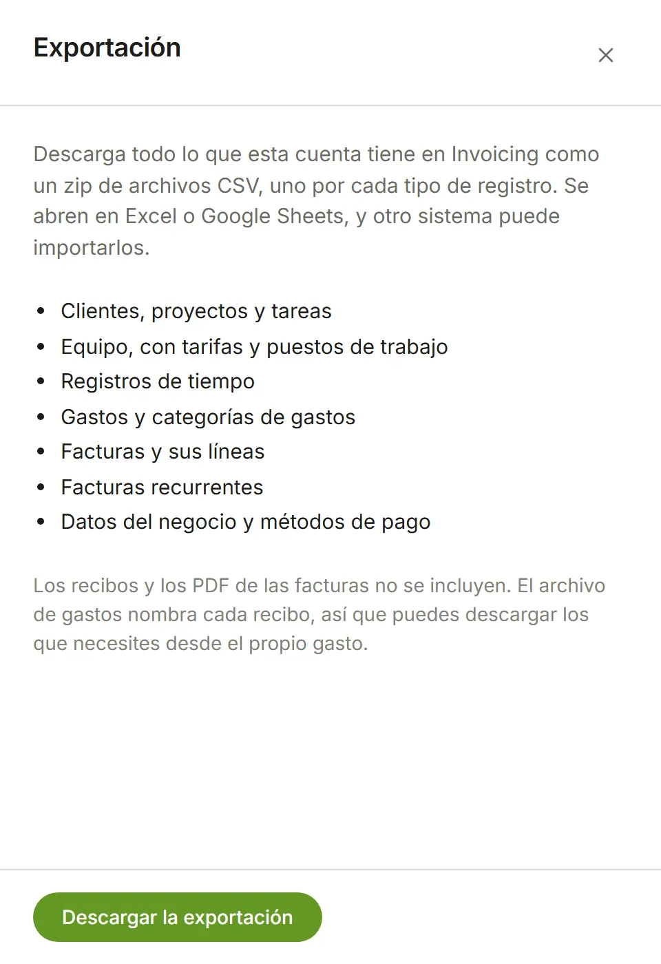 Exportación: lo que contiene la descarga, y Descargar la exportación