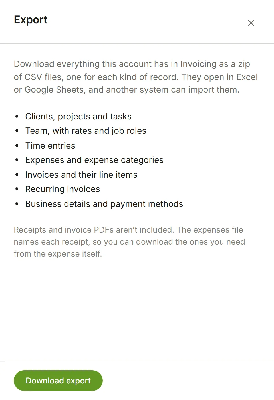 Export: what the download contains, and Download export