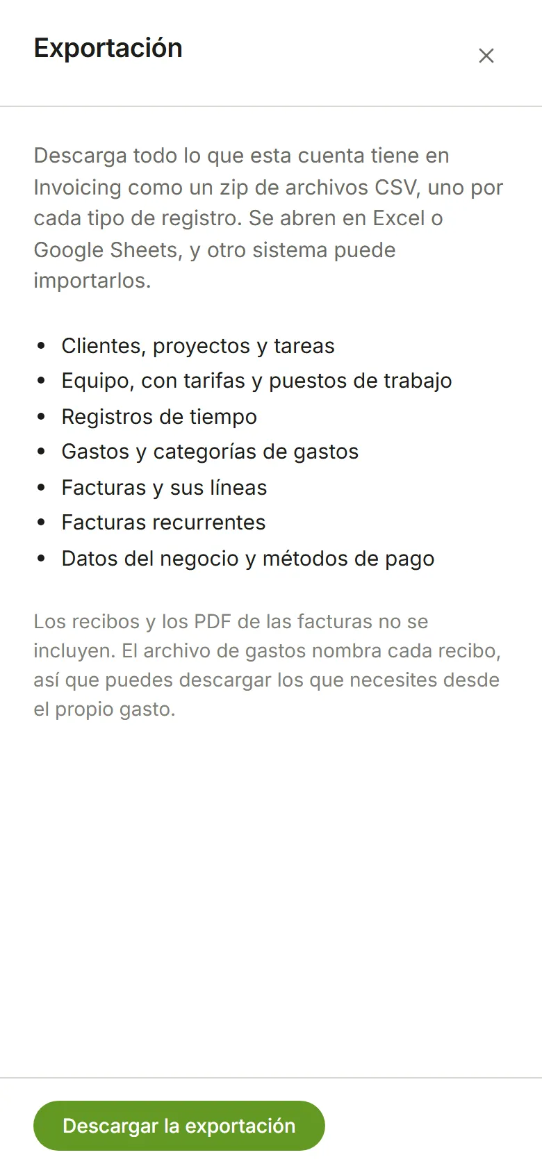 Exportación: lo que contiene la descarga, y Descargar la exportación