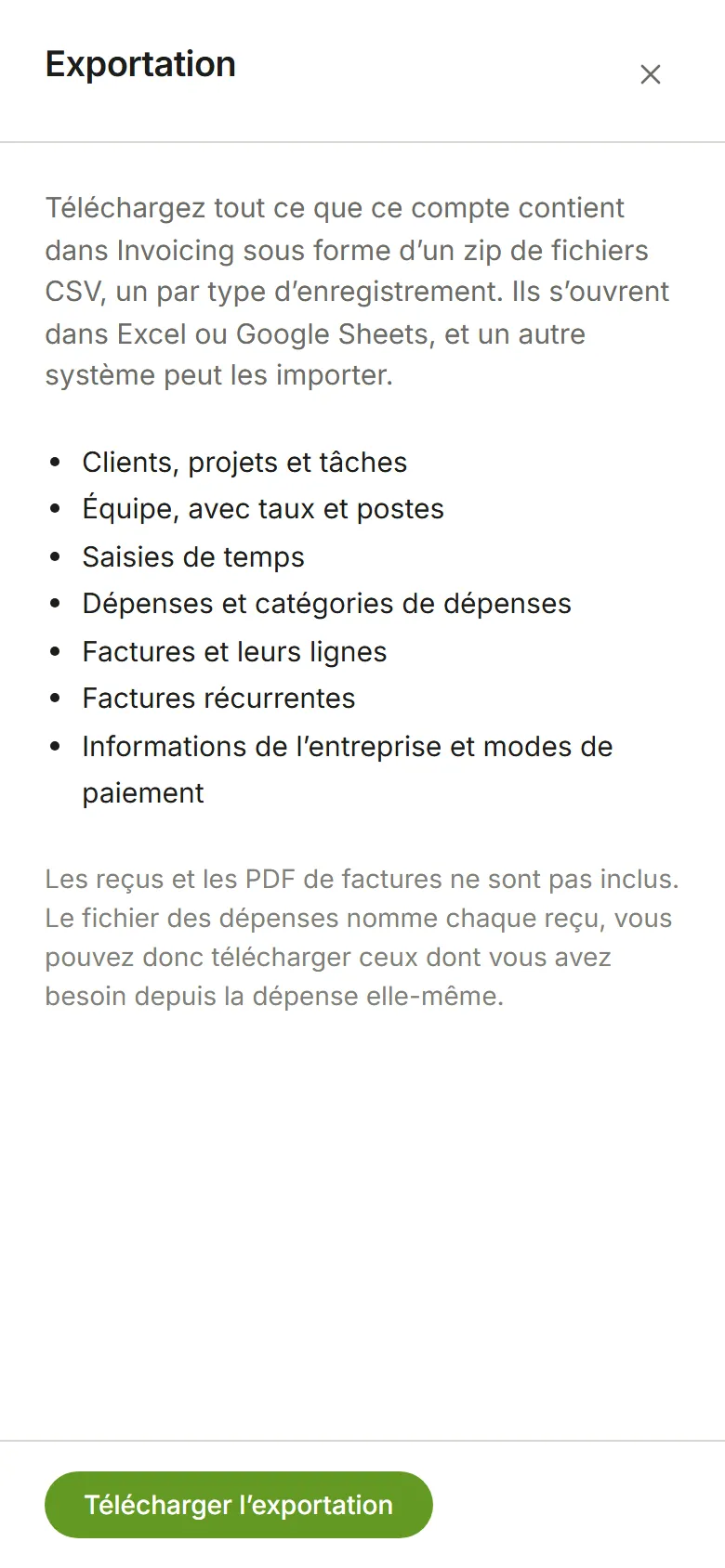 Exportation : ce que contient le téléchargement, et Télécharger l’exportation
