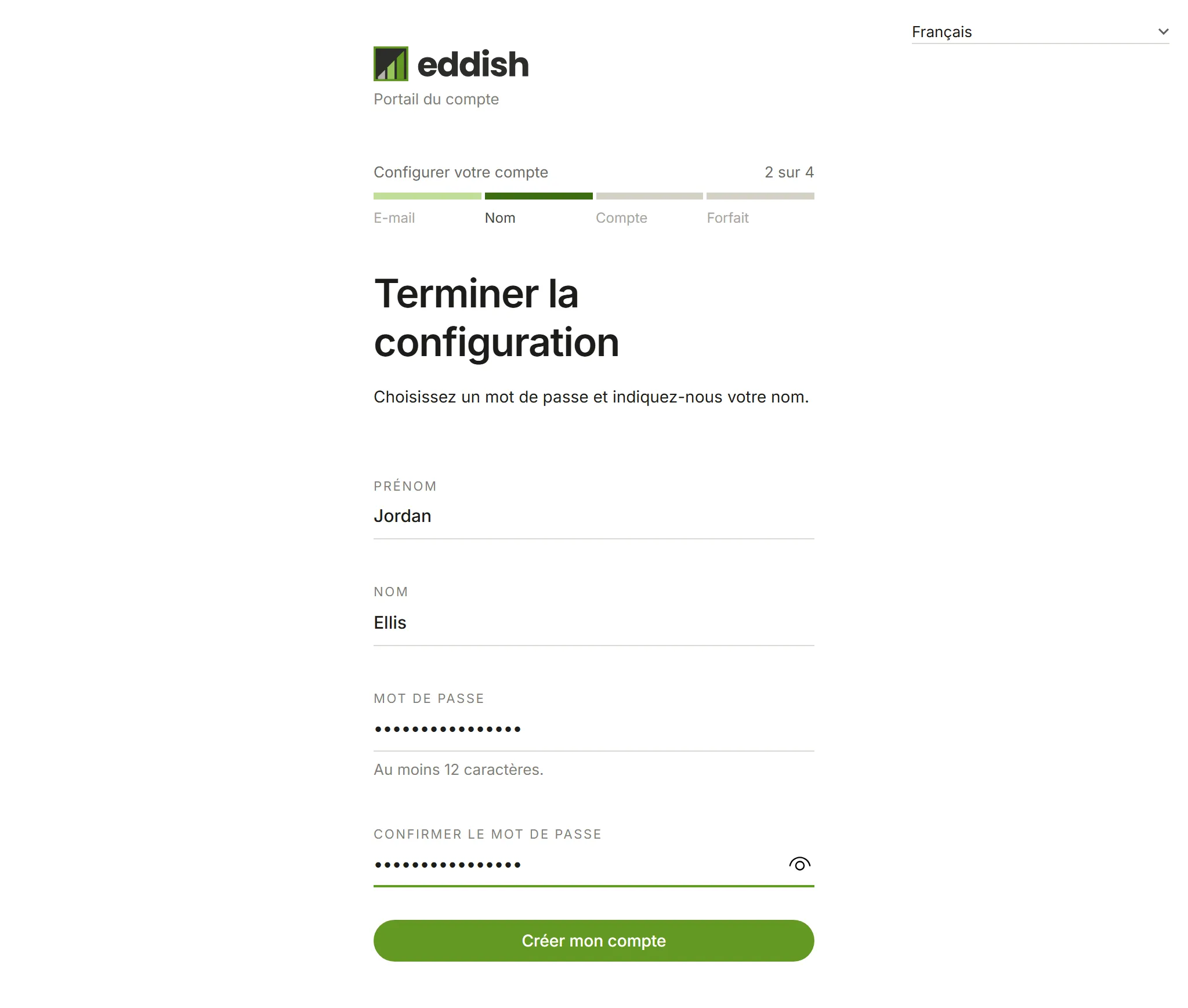 L'étape Terminer la configuration avec le nom et le mot de passe remplis