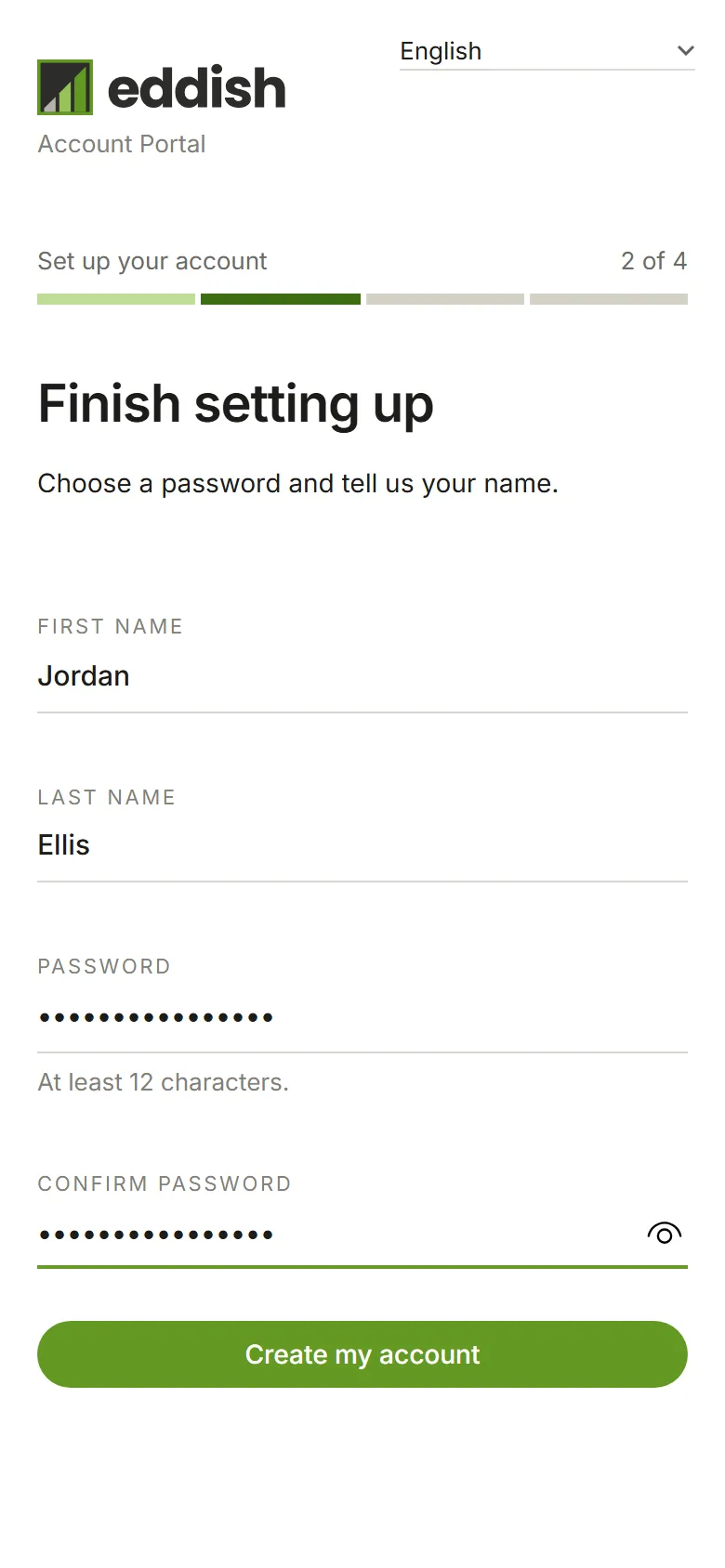 The Finish setting up step with name and password filled in