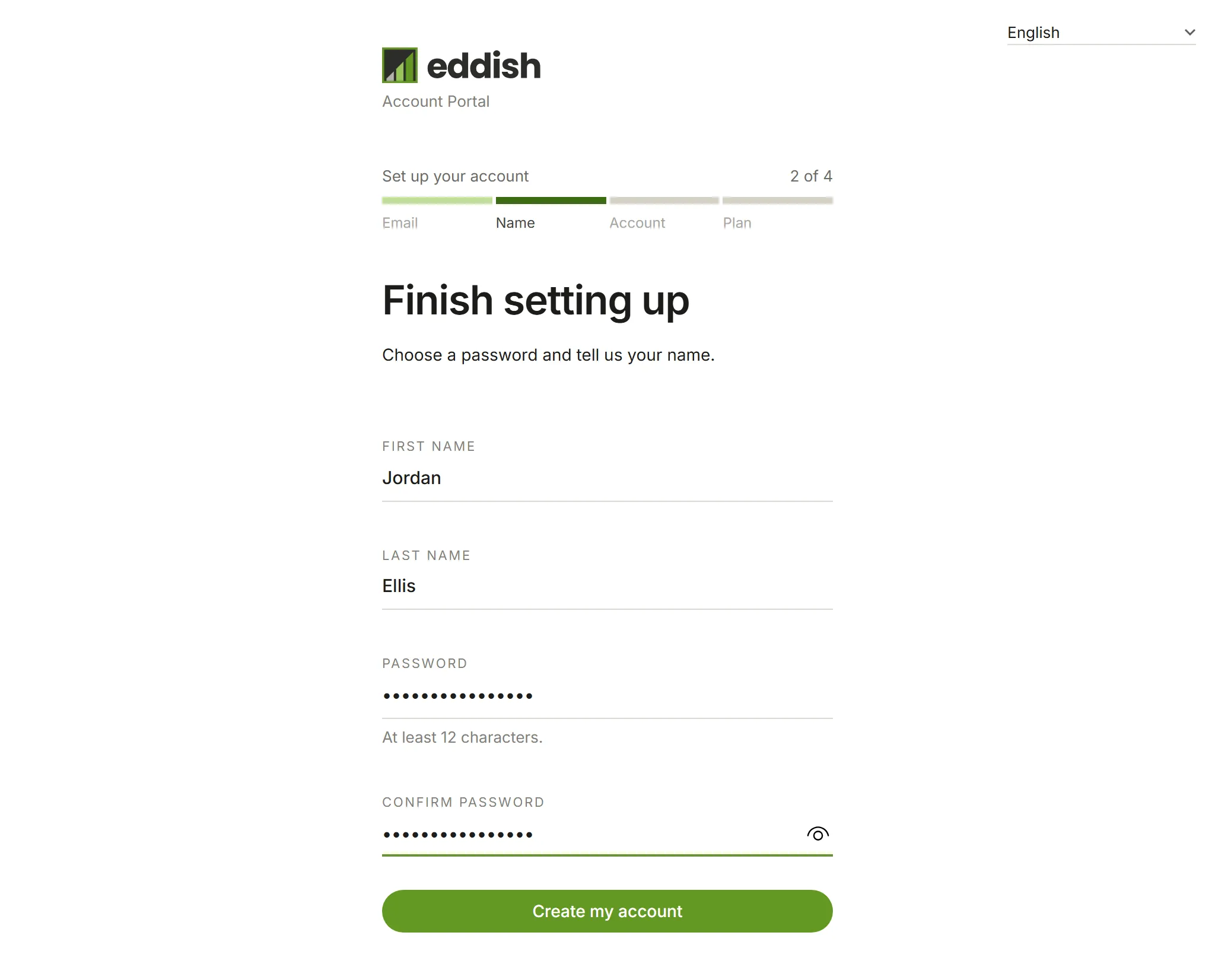 The Finish setting up step with name and password filled in