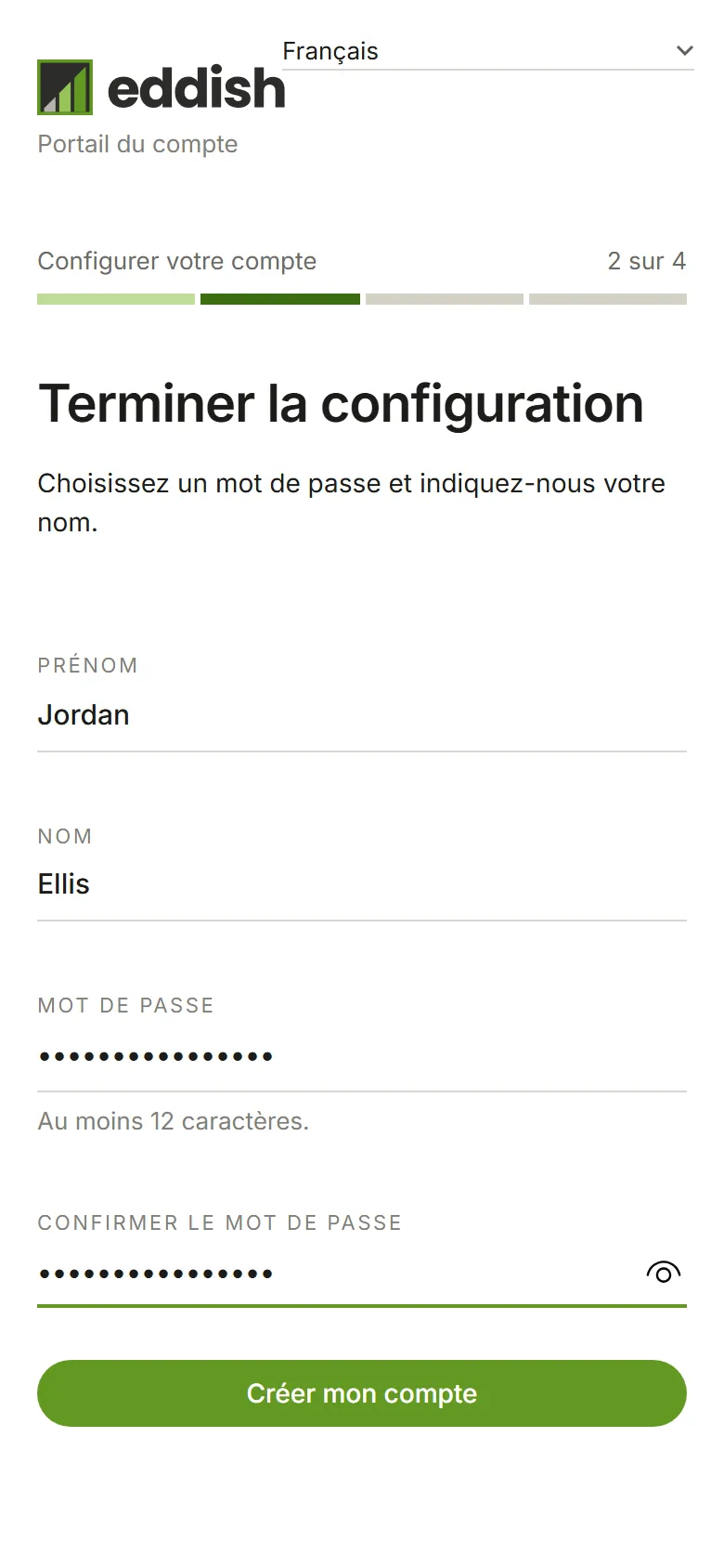 L'étape Terminer la configuration avec le nom et le mot de passe remplis