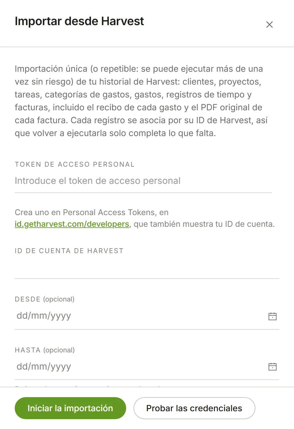 El panel Importar desde Harvest