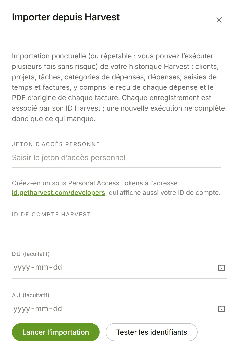 Le panneau Importer depuis Harvest