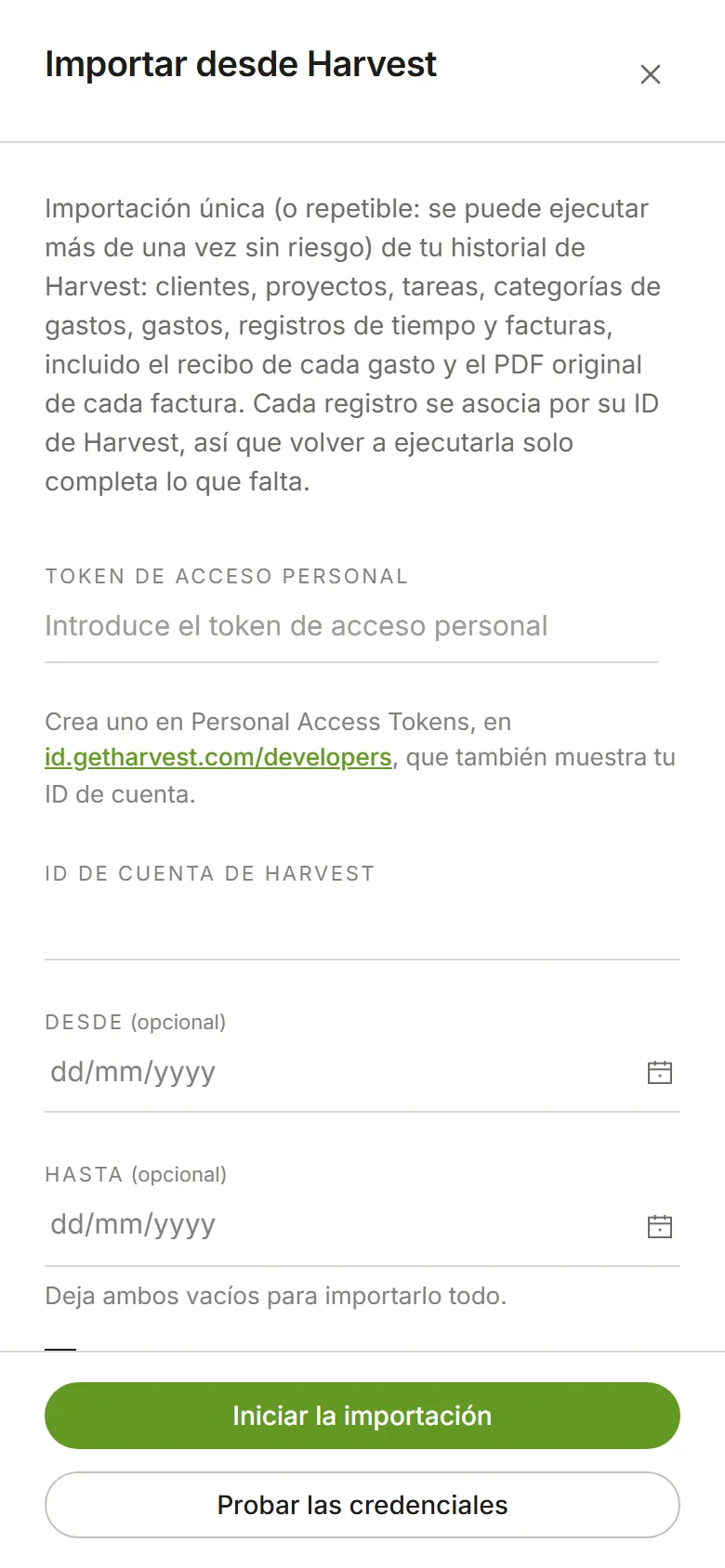 El panel Importar desde Harvest