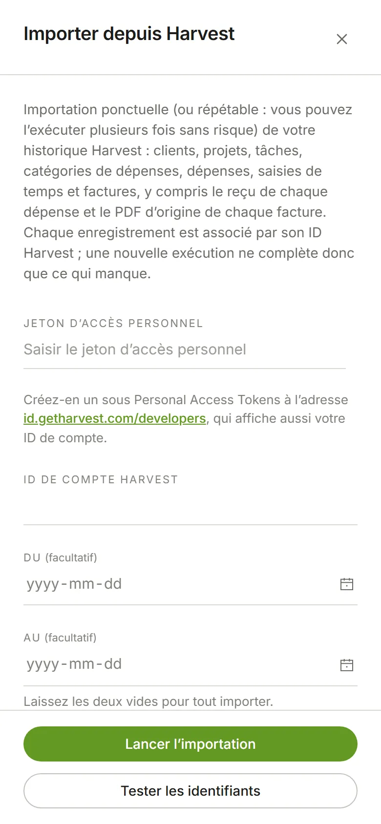 Le panneau Importer depuis Harvest