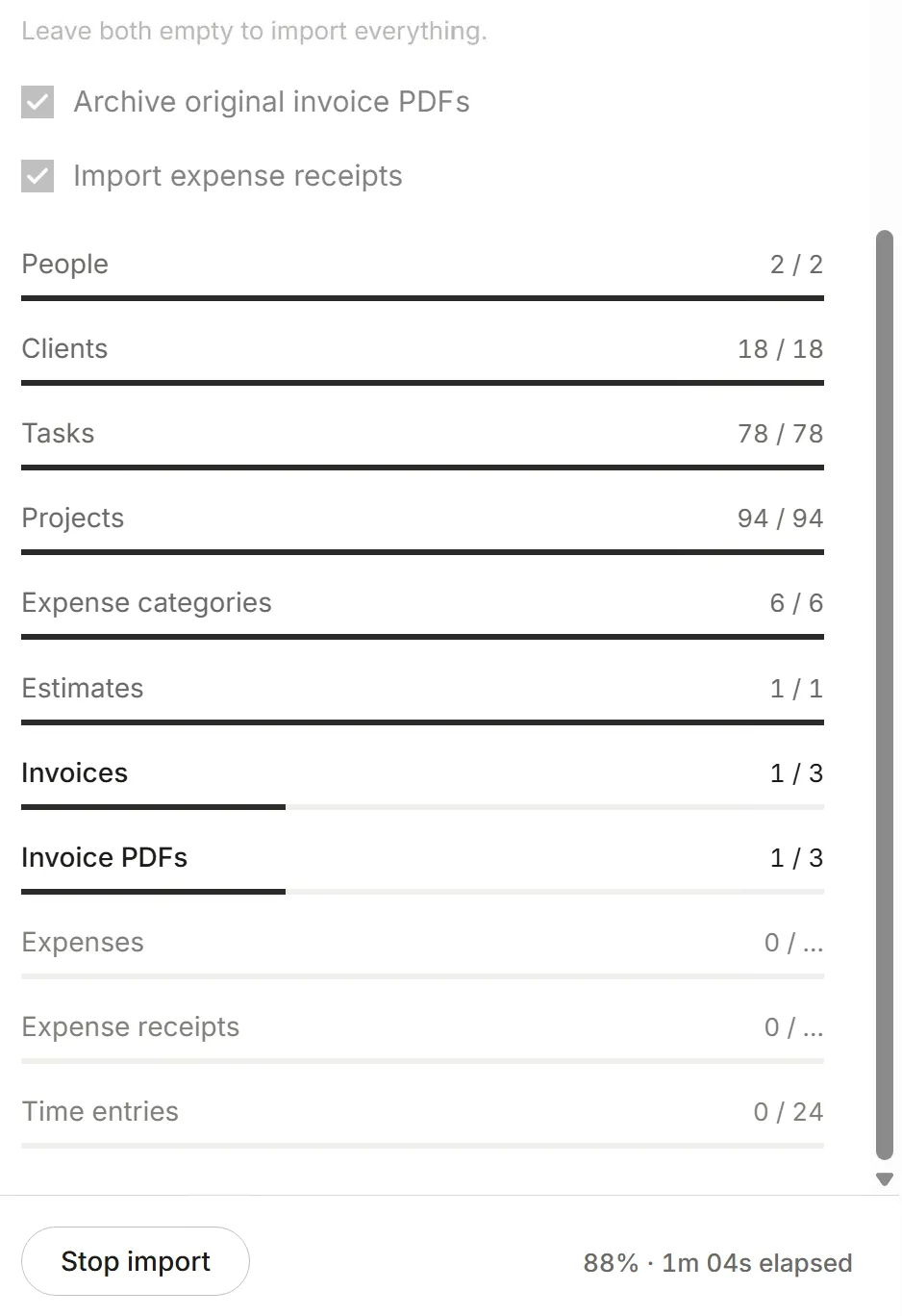 An import in progress: people, clients, tasks, projects, expense categories and estimates done, invoices under way