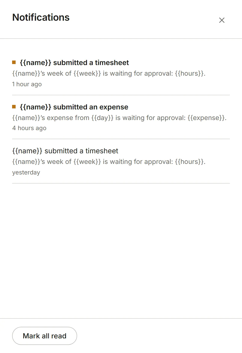 The Notifications panel: newest first, with Mark all read