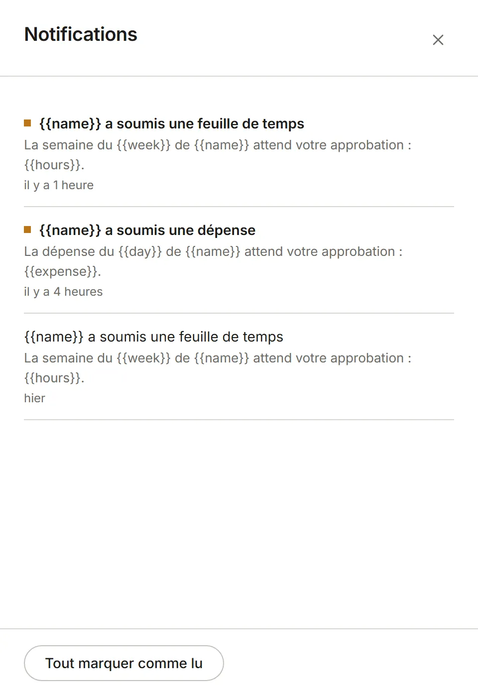 Le panneau Notifications : de la plus récente à la plus ancienne, avec Tout marquer comme lu