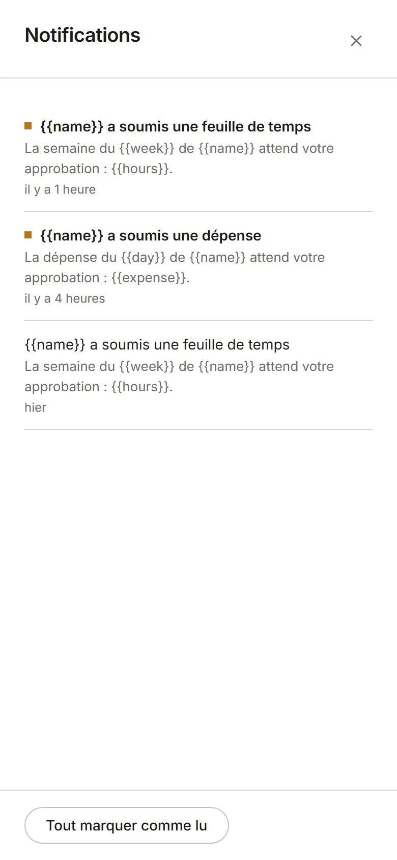 Le panneau Notifications : de la plus récente à la plus ancienne, avec Tout marquer comme lu