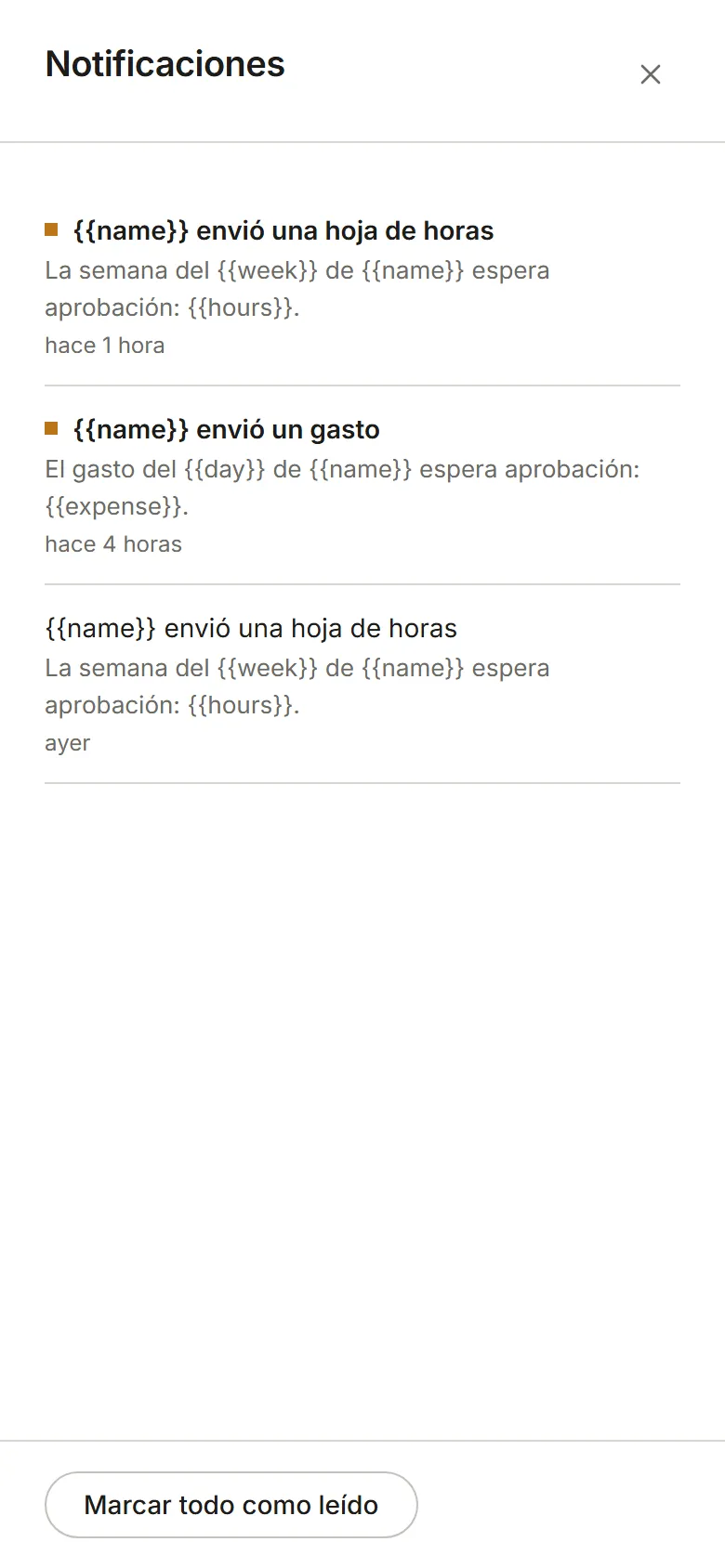 El panel Notificaciones: de la más reciente a la más antigua, con Marcar todo como leído