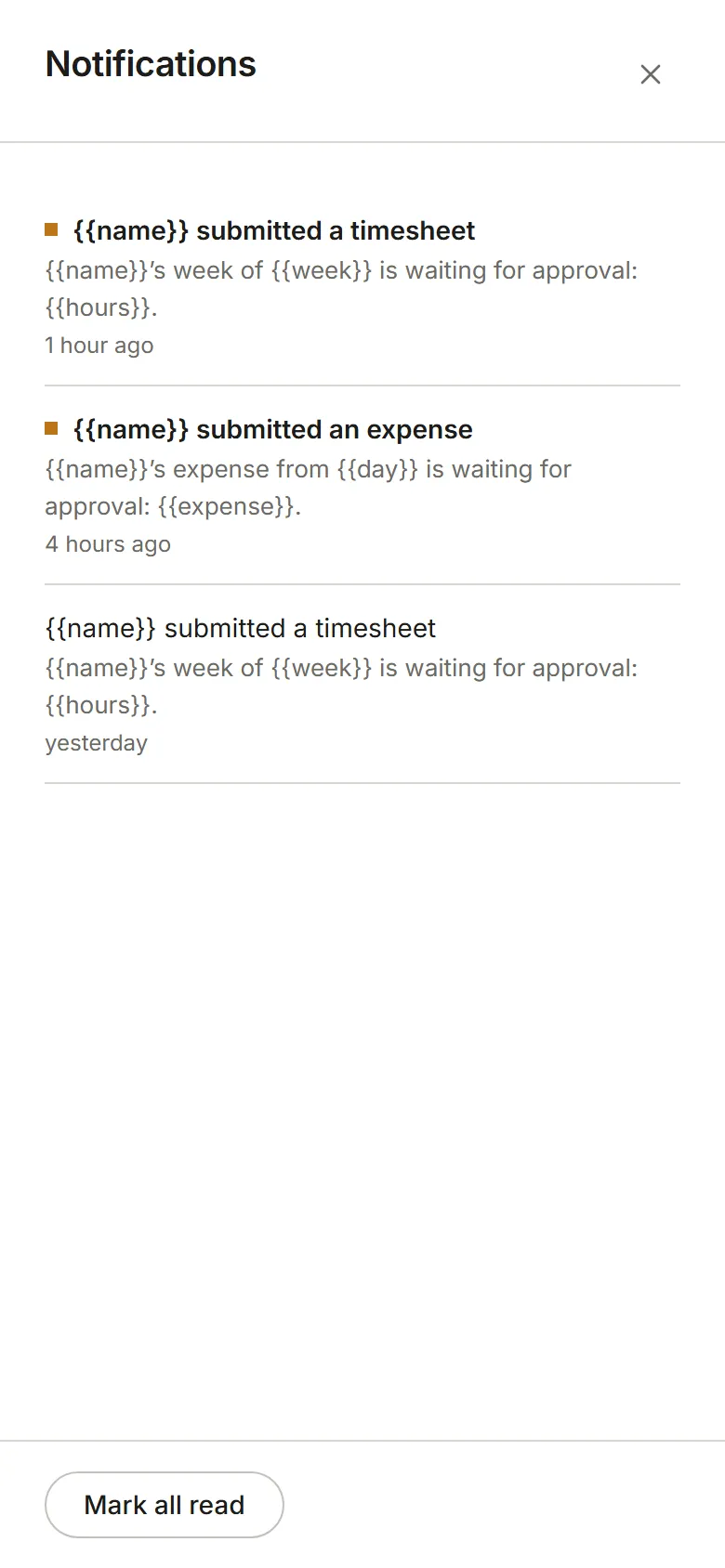 The Notifications panel: newest first, with Mark all read