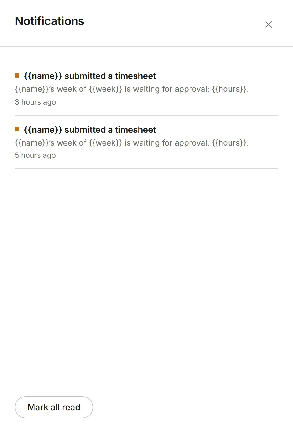 The Notifications panel: newest first, with Mark all read