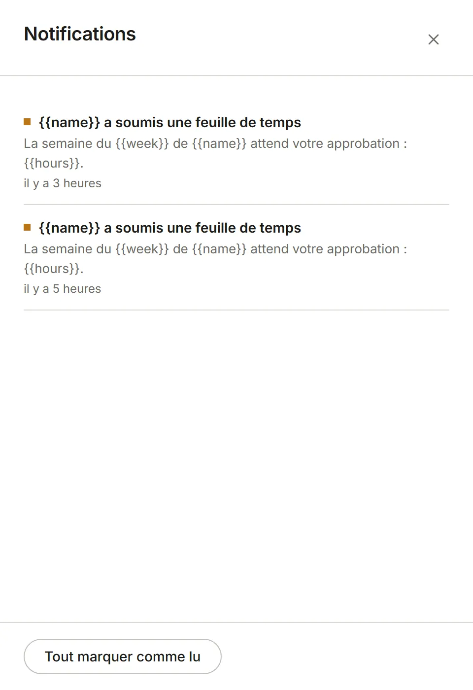 Le panneau Notifications : de la plus récente à la plus ancienne, avec Tout marquer comme lu