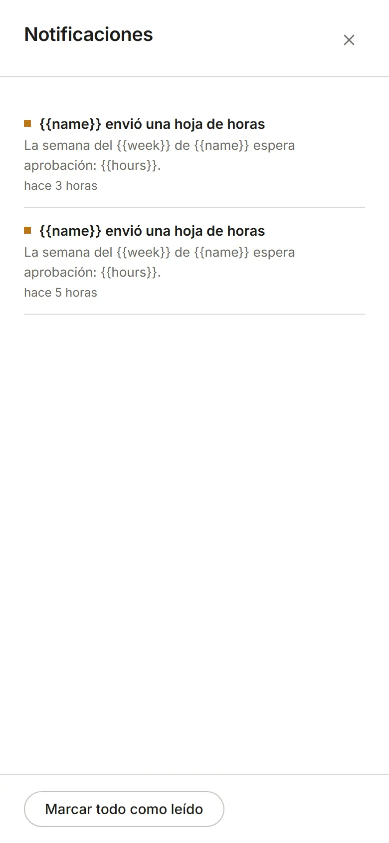 El panel Notificaciones: de la más reciente a la más antigua, con Marcar todo como leído