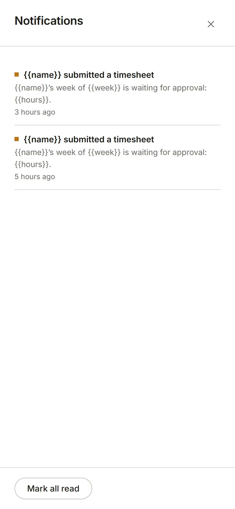 The Notifications panel: newest first, with Mark all read