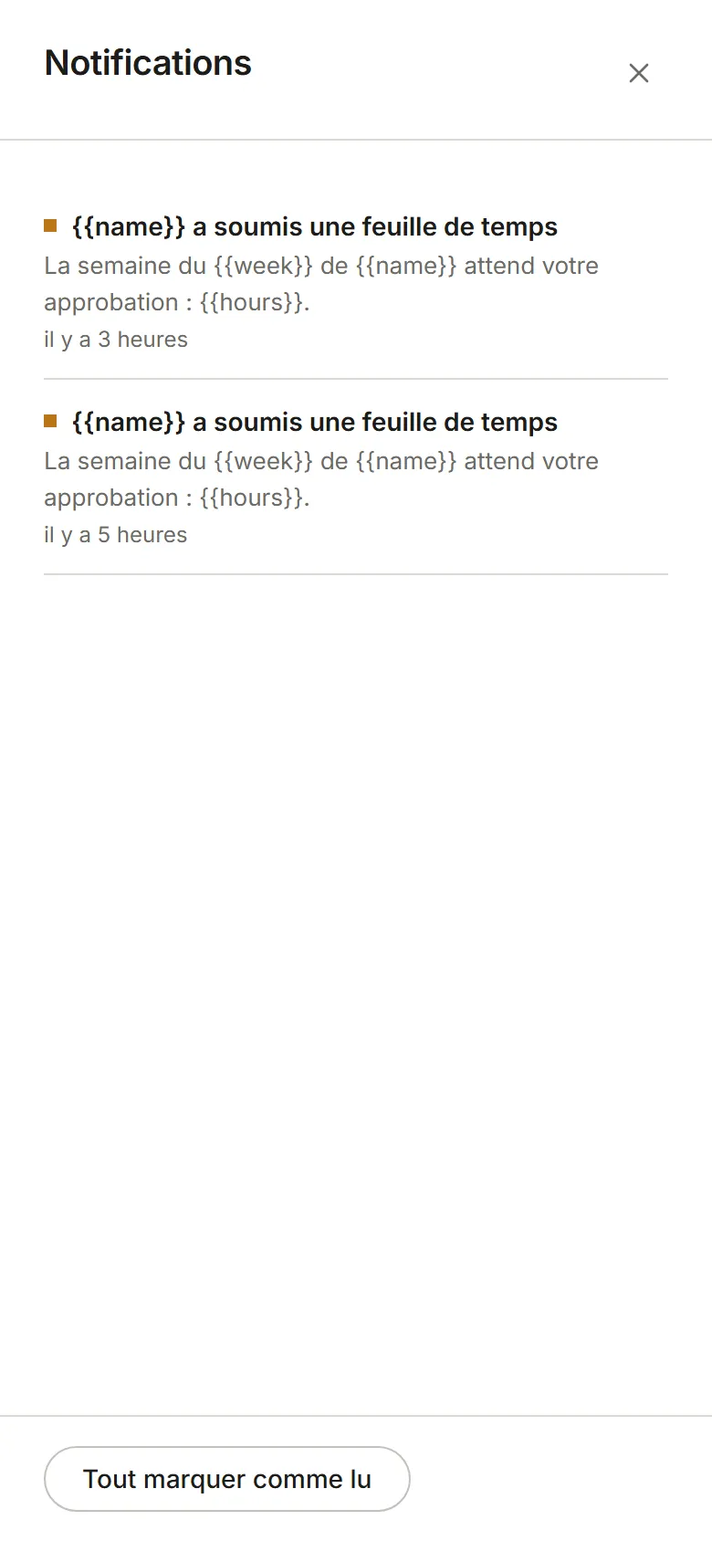 Le panneau Notifications : de la plus récente à la plus ancienne, avec Tout marquer comme lu