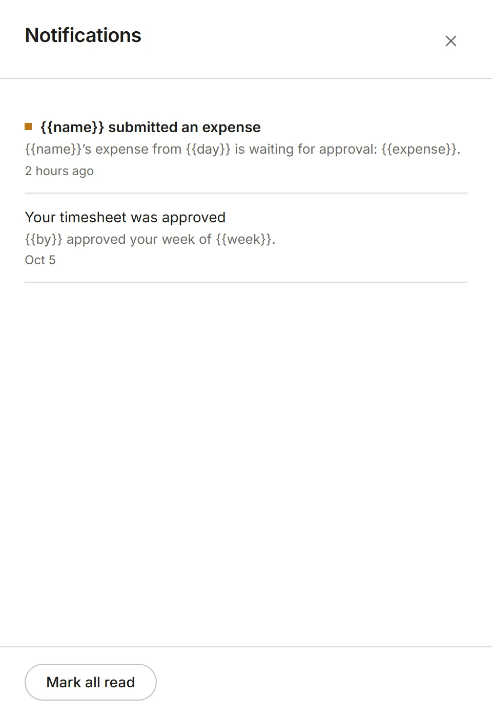 The Notifications panel: newest first, with Mark all read