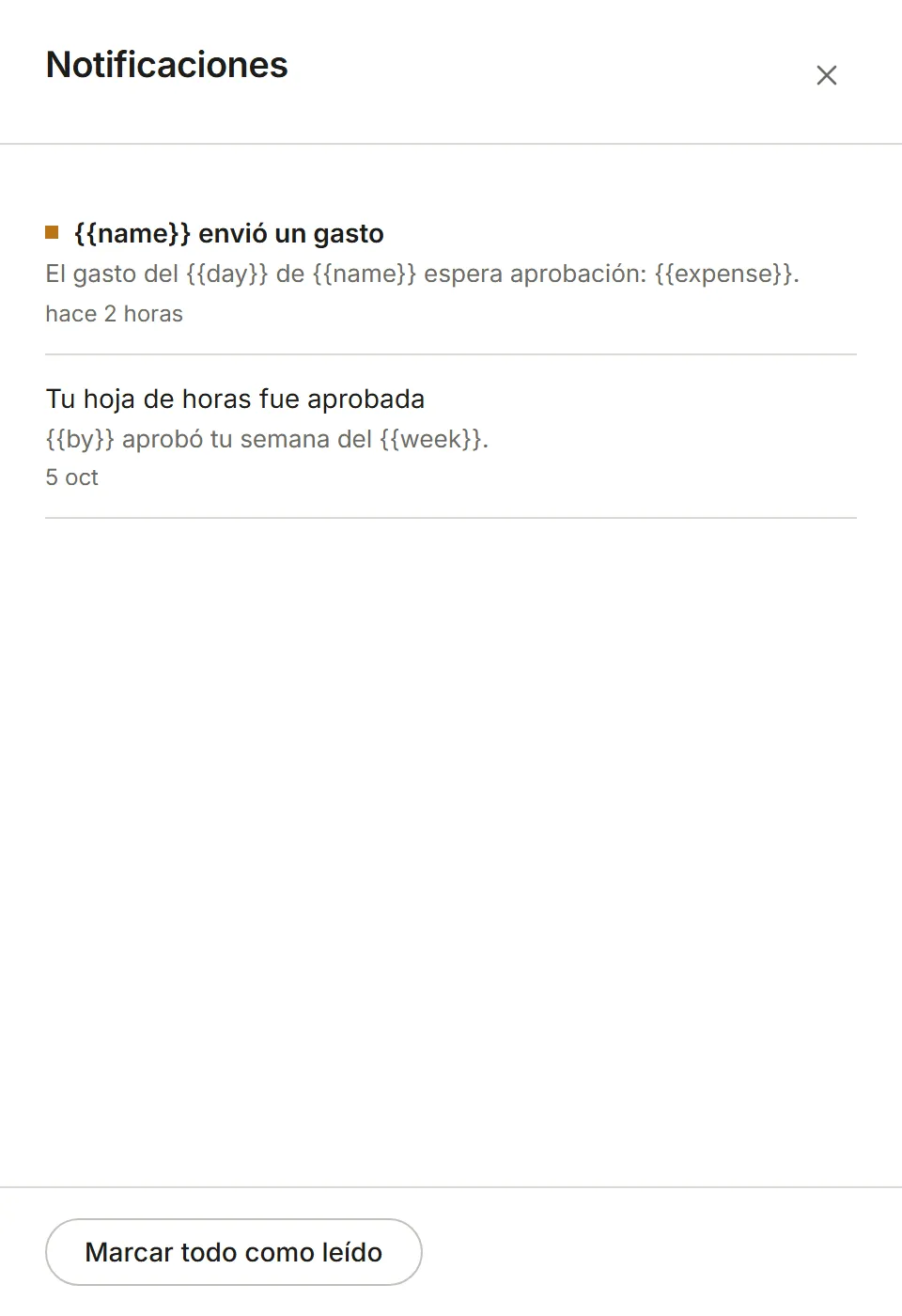 El panel Notificaciones: de la más reciente a la más antigua, con Marcar todo como leído