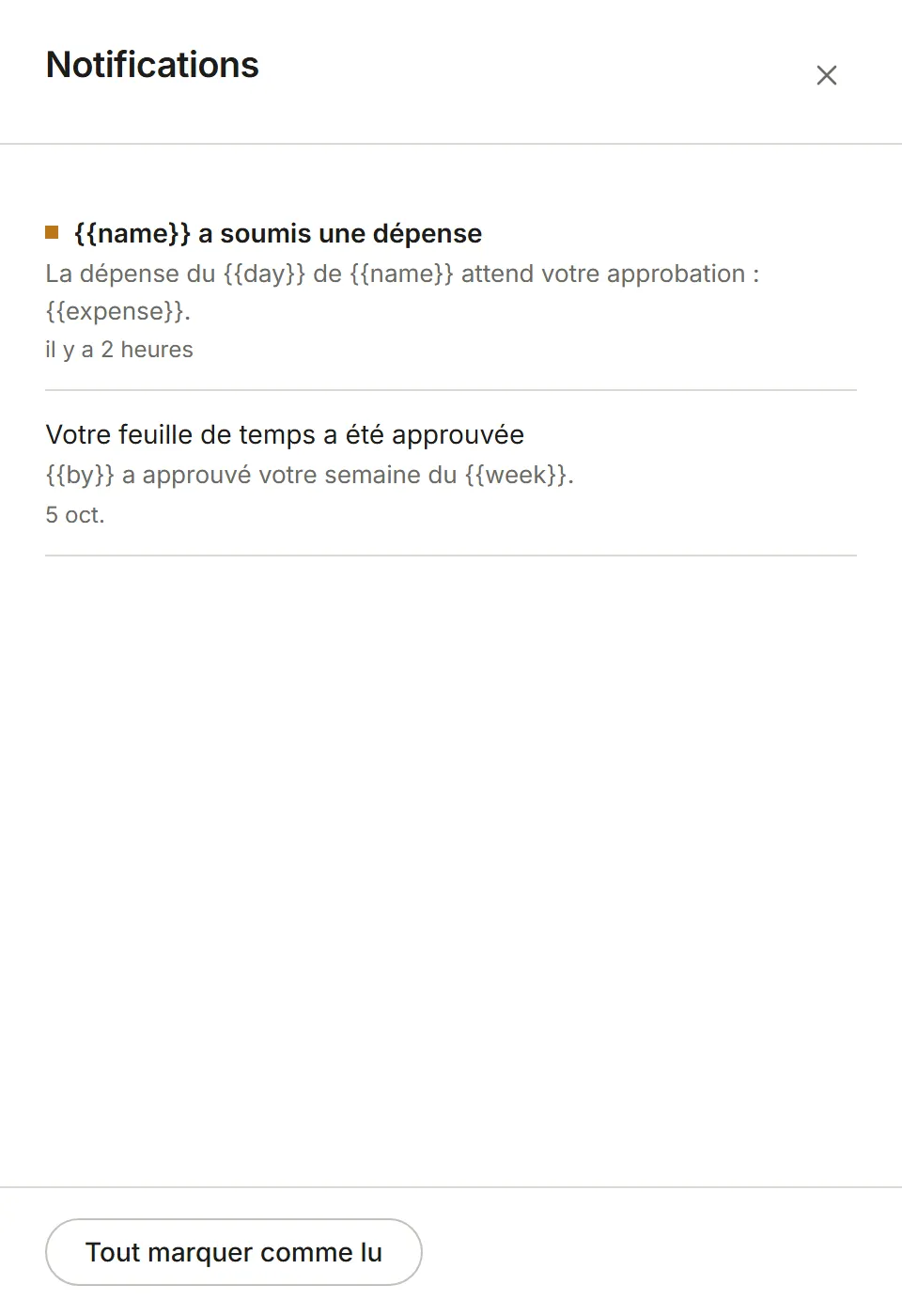 Le panneau Notifications : de la plus récente à la plus ancienne, avec Tout marquer comme lu