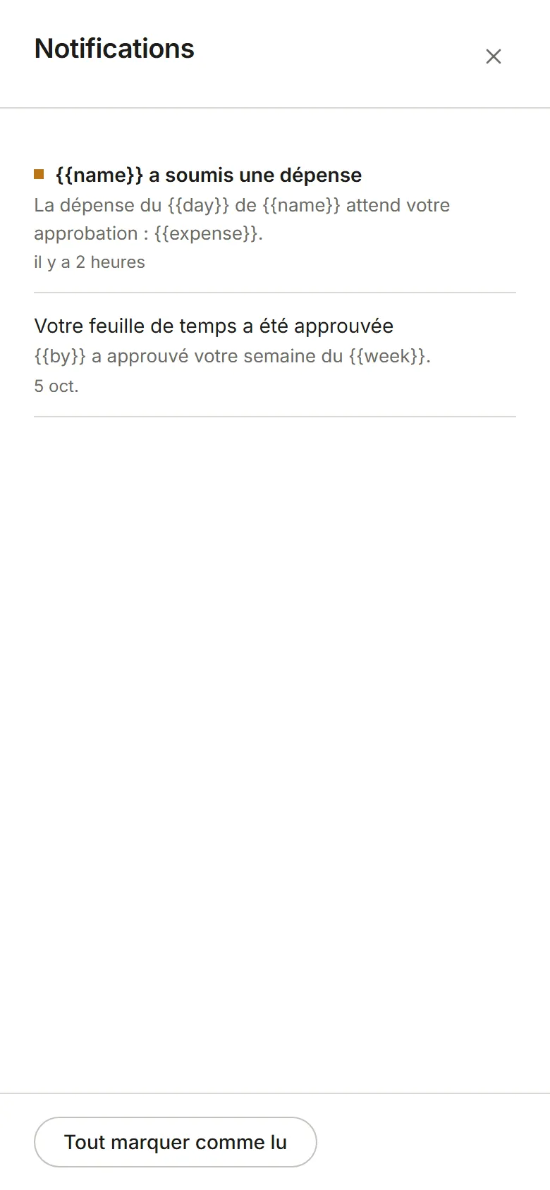 Le panneau Notifications : de la plus récente à la plus ancienne, avec Tout marquer comme lu