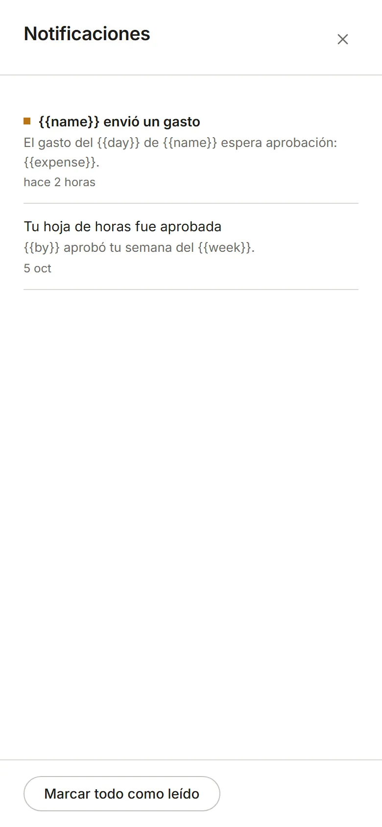 El panel Notificaciones: de la más reciente a la más antigua, con Marcar todo como leído