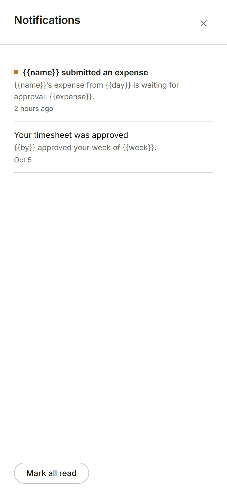 The Notifications panel: newest first, with Mark all read