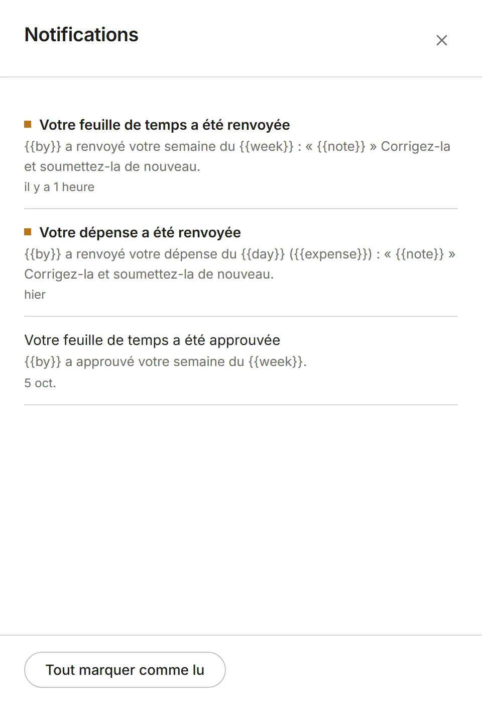 Le panneau Notifications : de la plus récente à la plus ancienne, avec Tout marquer comme lu