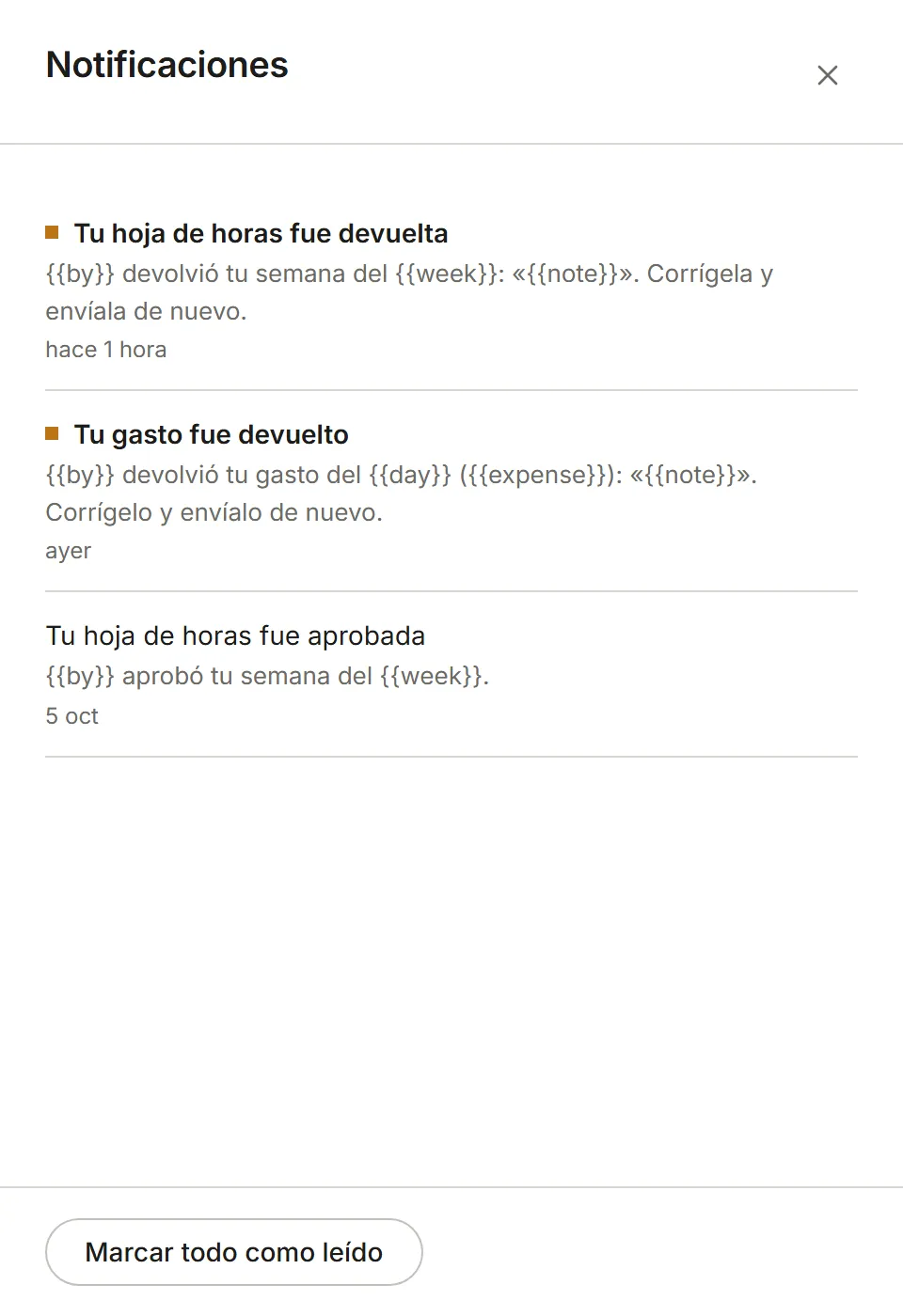 El panel Notificaciones: de la más reciente a la más antigua, con Marcar todo como leído