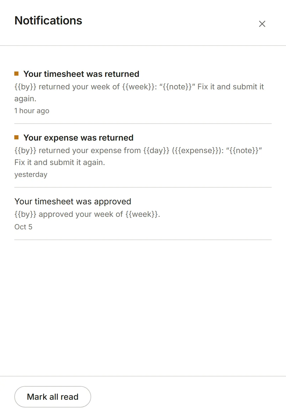 The Notifications panel: newest first, with Mark all read