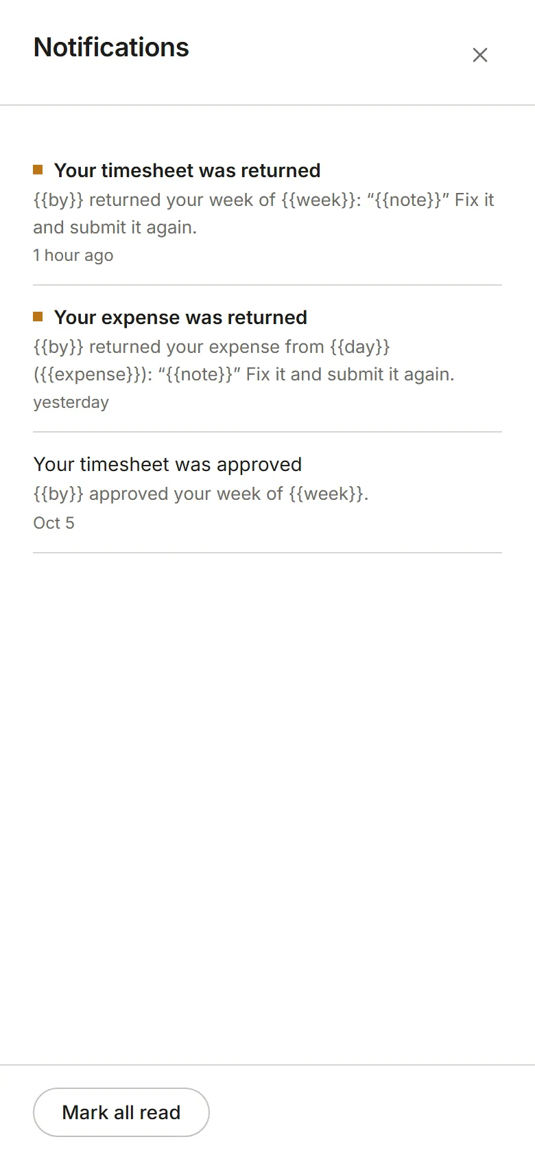 The Notifications panel: newest first, with Mark all read