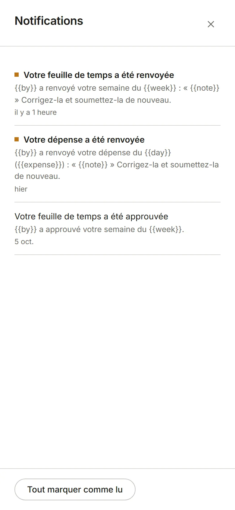 Le panneau Notifications : de la plus récente à la plus ancienne, avec Tout marquer comme lu