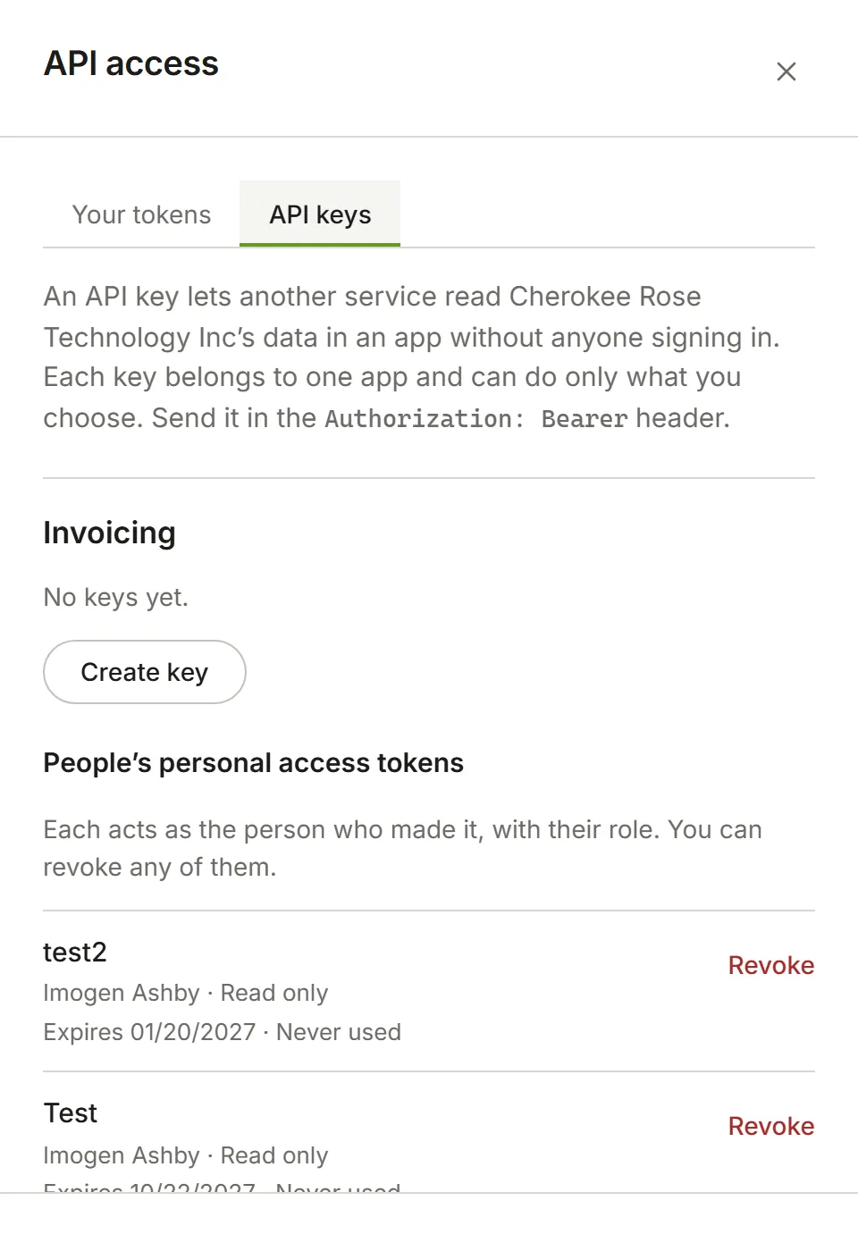 API keys, listing each app with its keys or why it has none