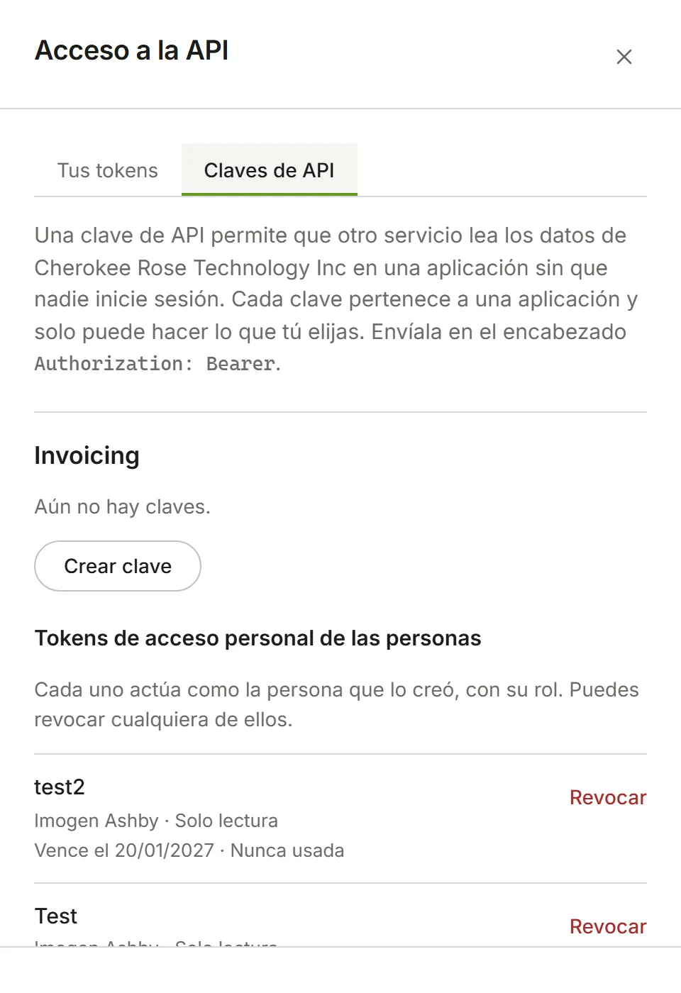 Claves de API, con cada aplicación y sus claves o el motivo por el que no tiene