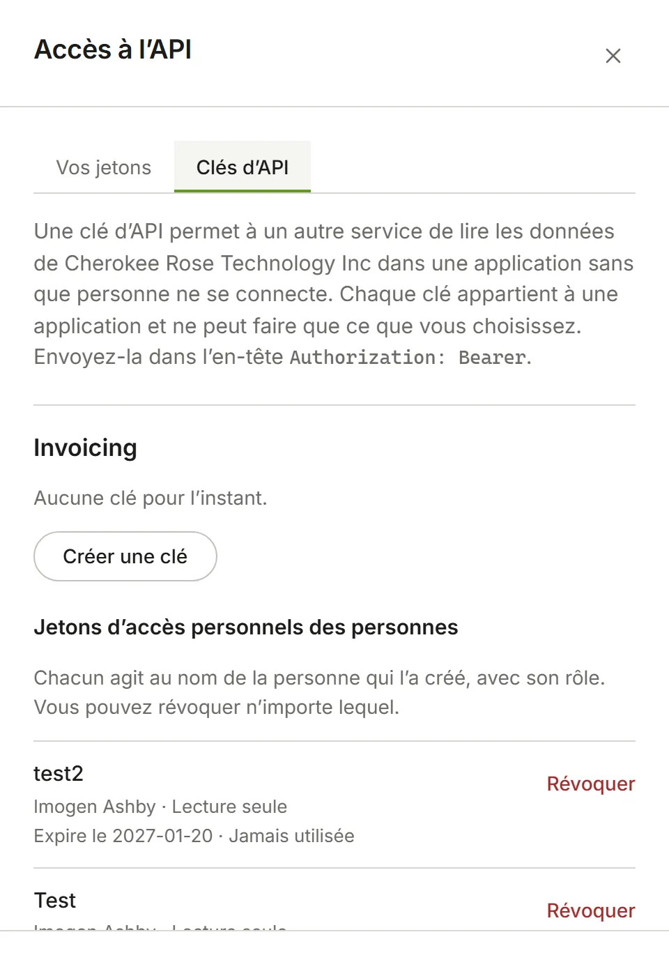 Clés d’API, listant chaque application avec ses clés ou la raison pour laquelle elle n’en a pas