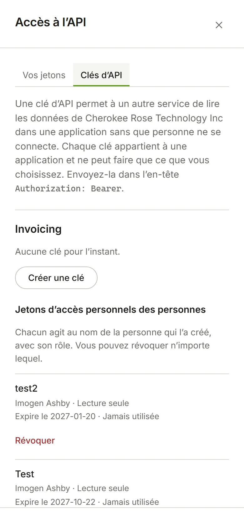 Clés d’API, listant chaque application avec ses clés ou la raison pour laquelle elle n’en a pas