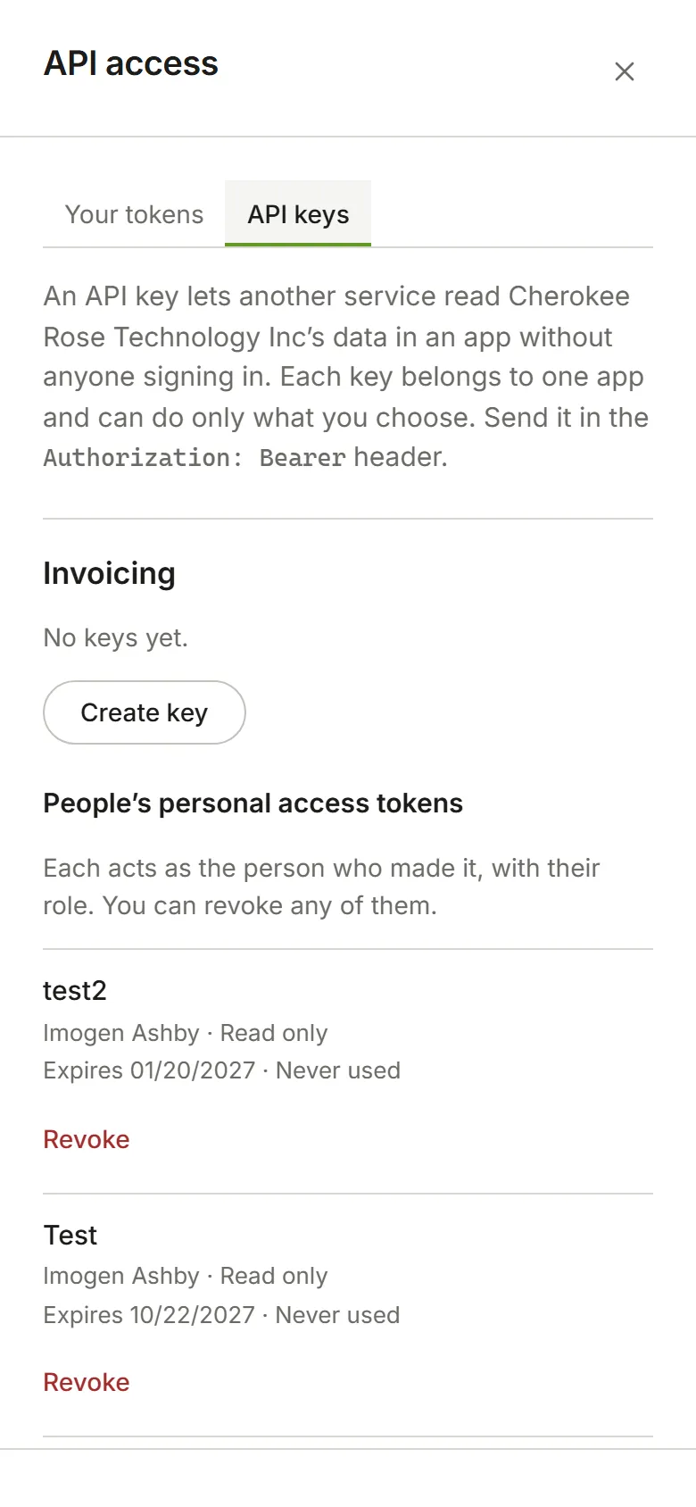 API keys, listing each app with its keys or why it has none
