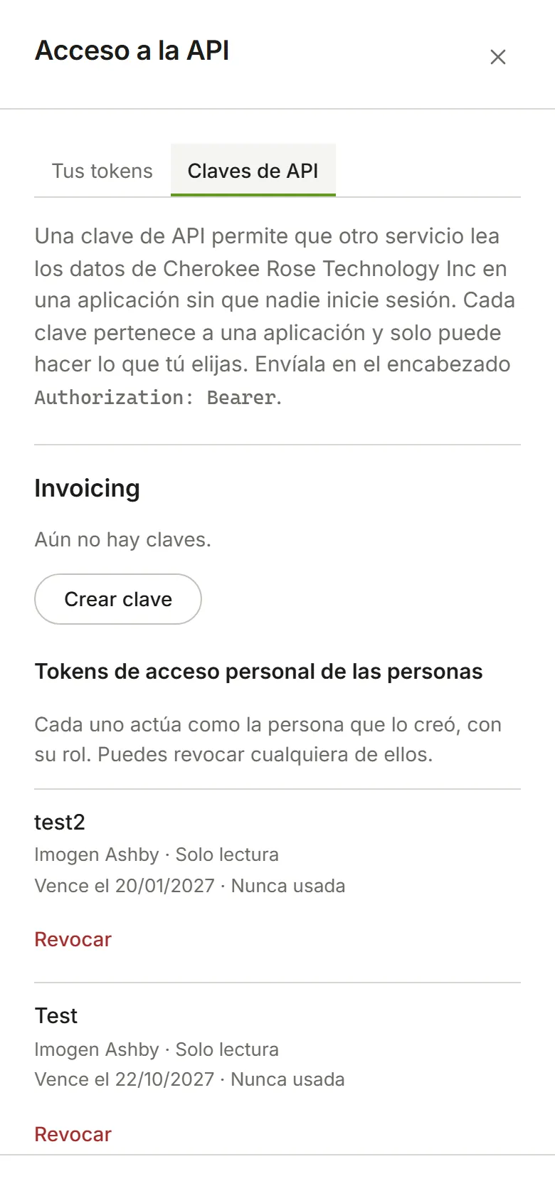 Claves de API, con cada aplicación y sus claves o el motivo por el que no tiene