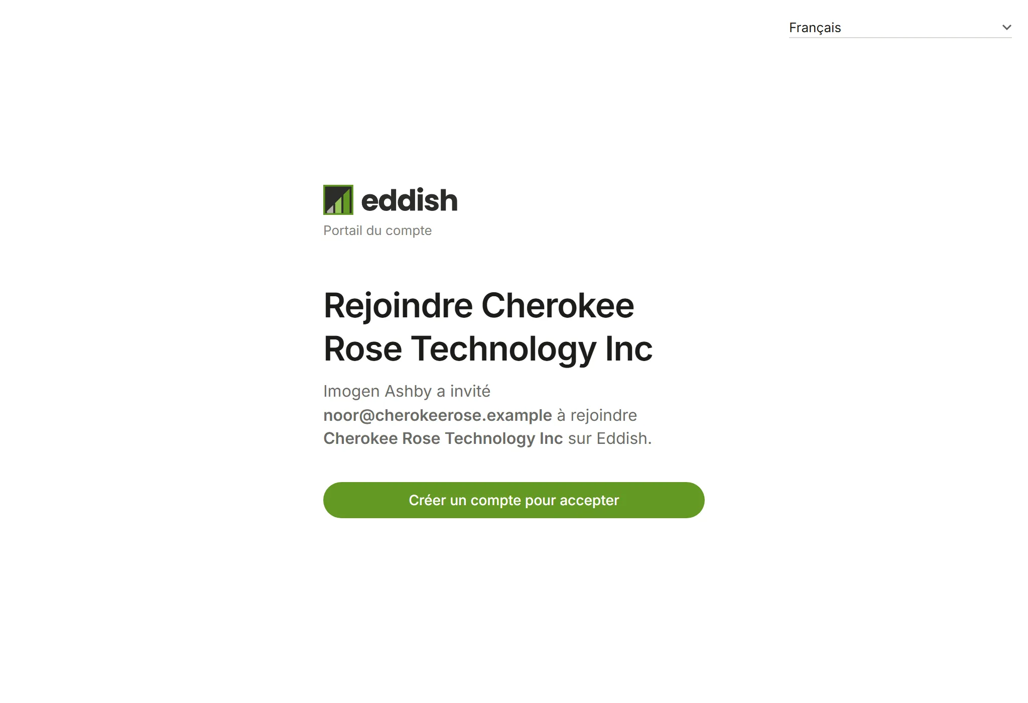 La page d'invitation : Rejoindre Cherokee Rose Technology Inc, avec Créer un compte pour accepter