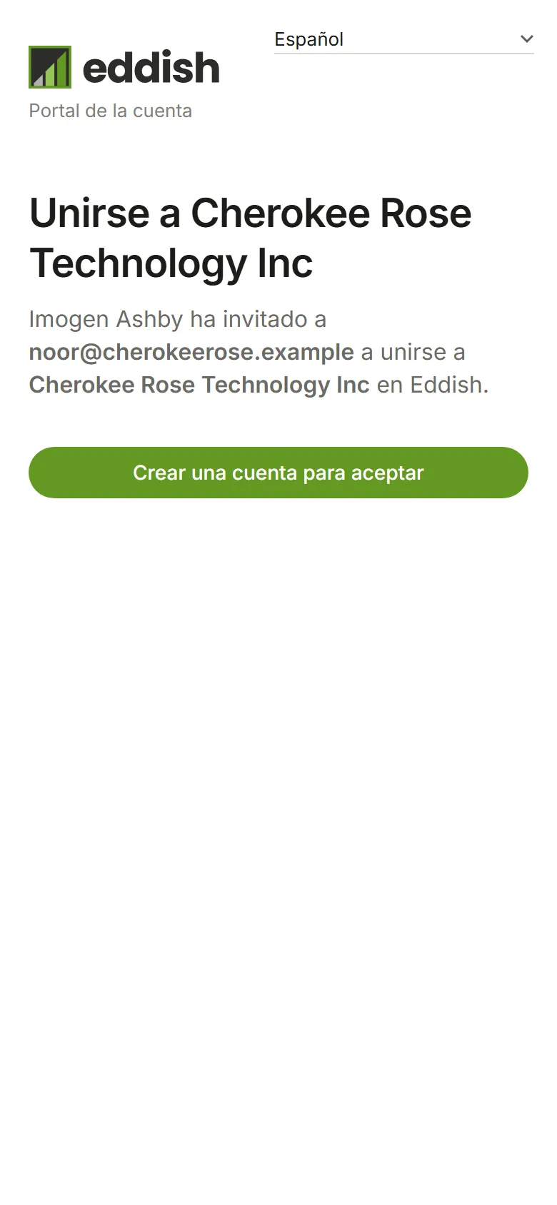 La página de invitación: Unirse a Cherokee Rose Technology Inc, con Crear una cuenta para aceptar