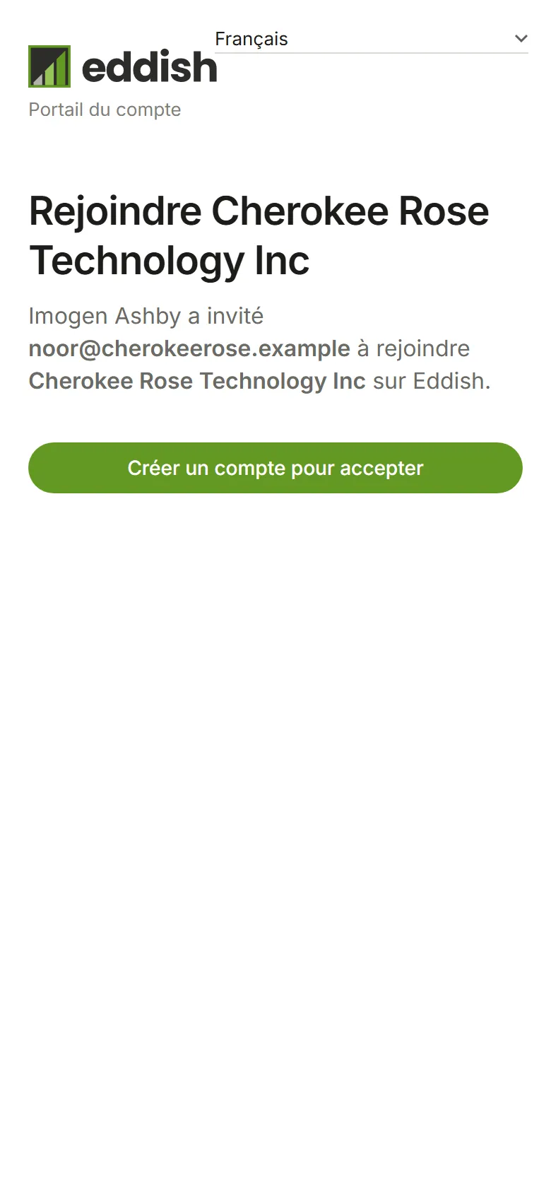 La page d'invitation : Rejoindre Cherokee Rose Technology Inc, avec Créer un compte pour accepter