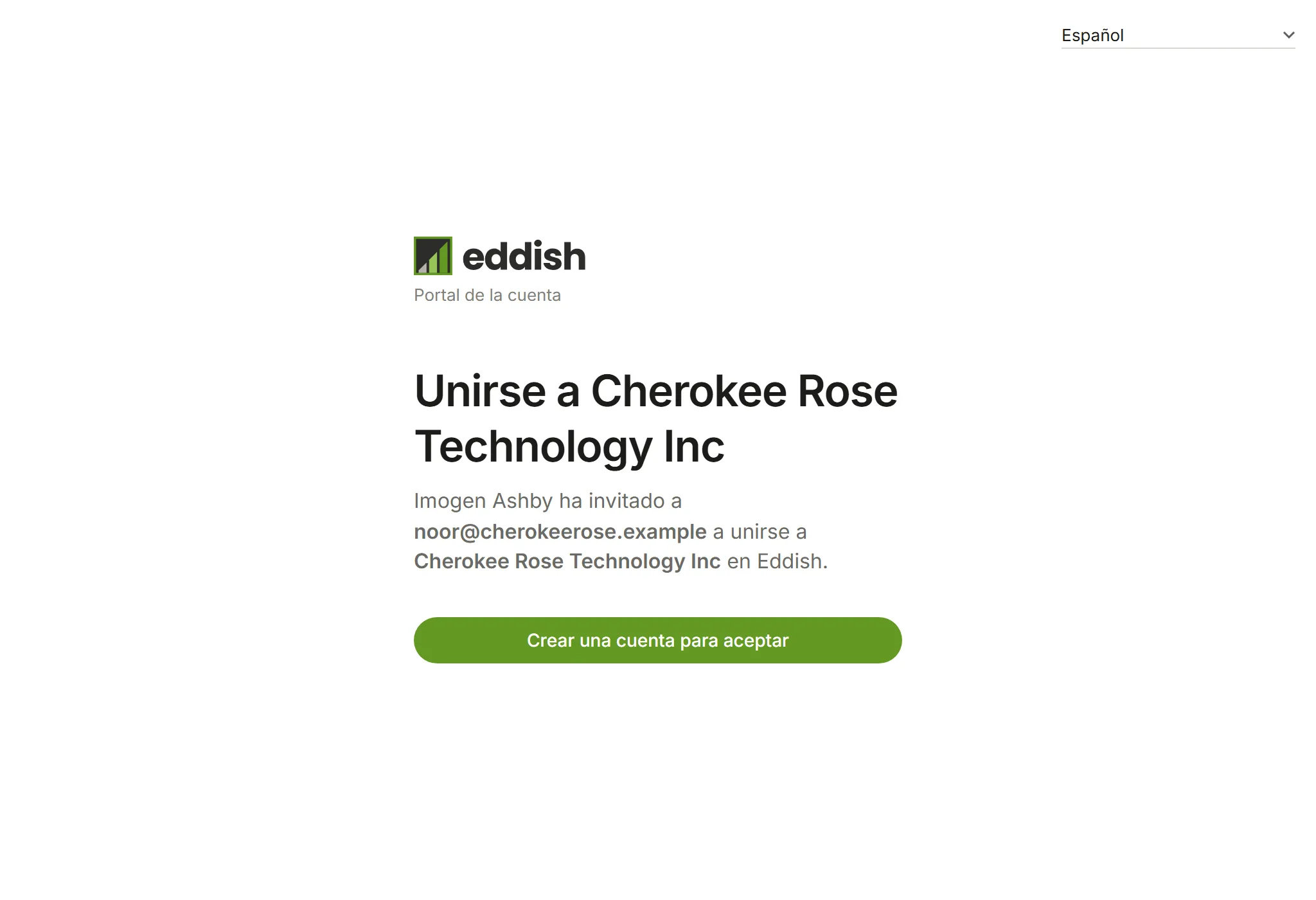 La página de invitación: Unirse a Cherokee Rose Technology Inc, con Crear una cuenta para aceptar