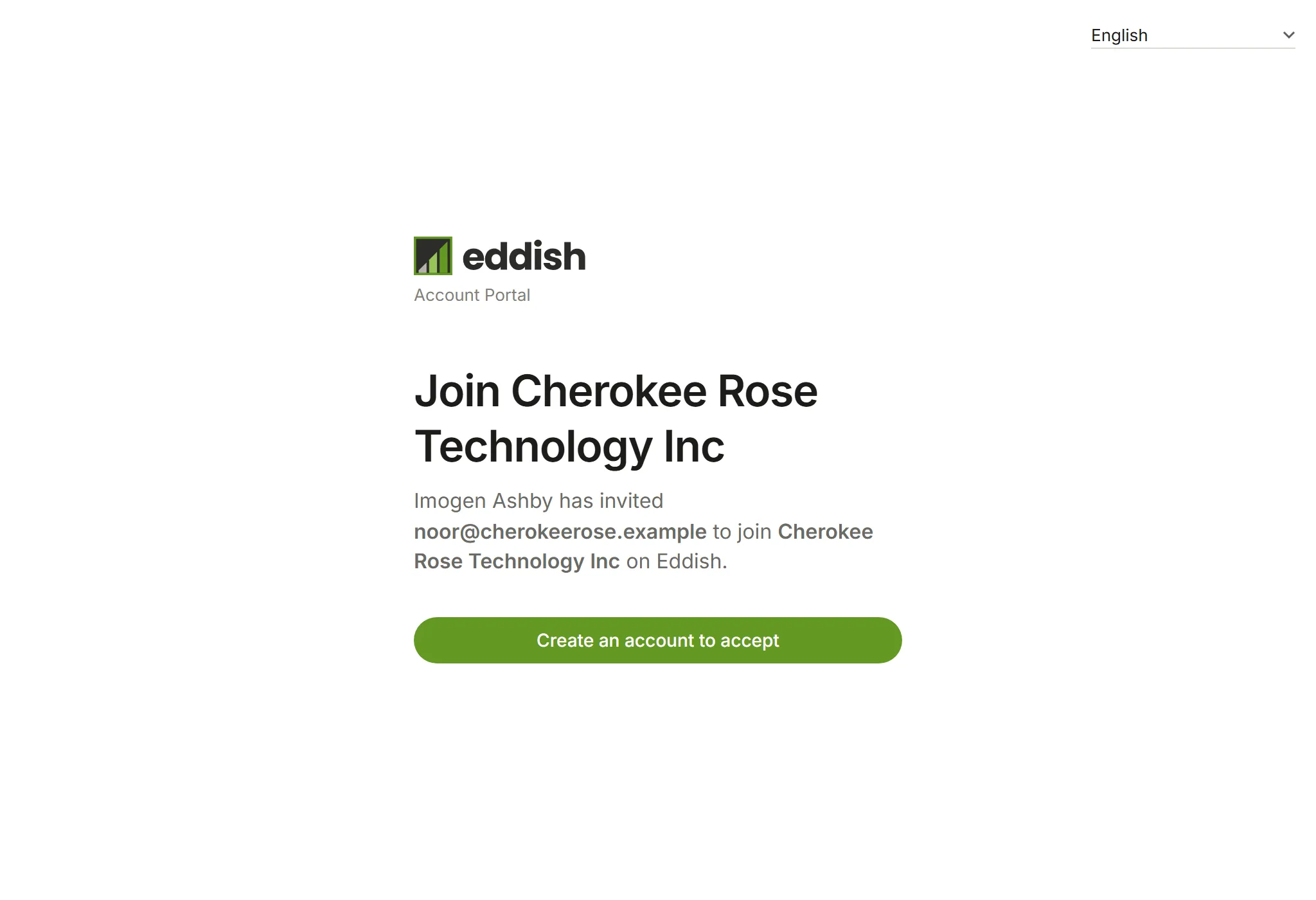 The invitation page: Join Cherokee Rose Technology Inc, with Create an account to accept