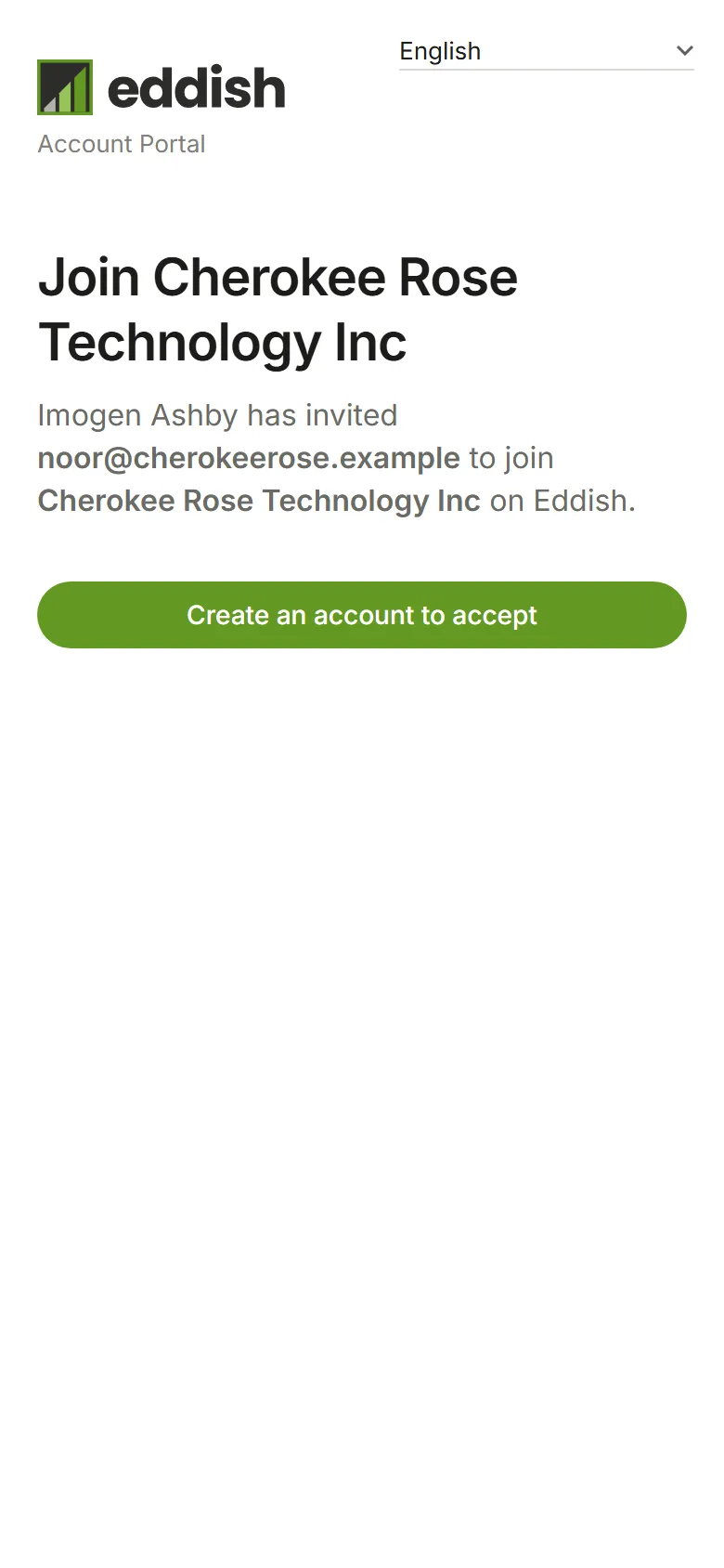The invitation page: Join Cherokee Rose Technology Inc, with Create an account to accept