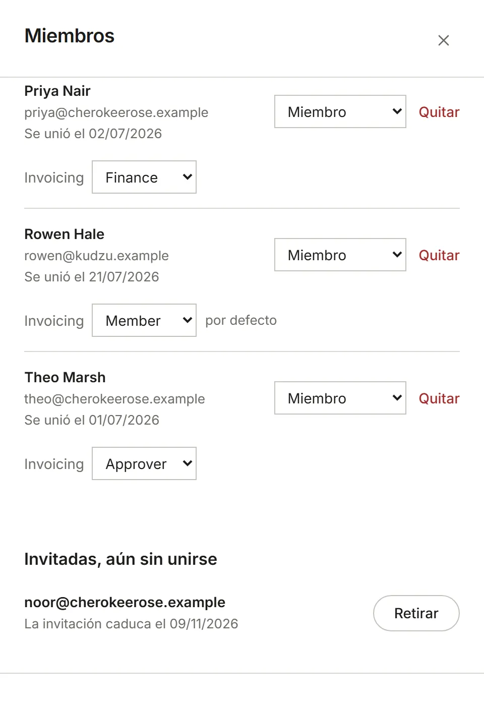 La página Miembros con la invitación en Invitadas, aún sin unirse
